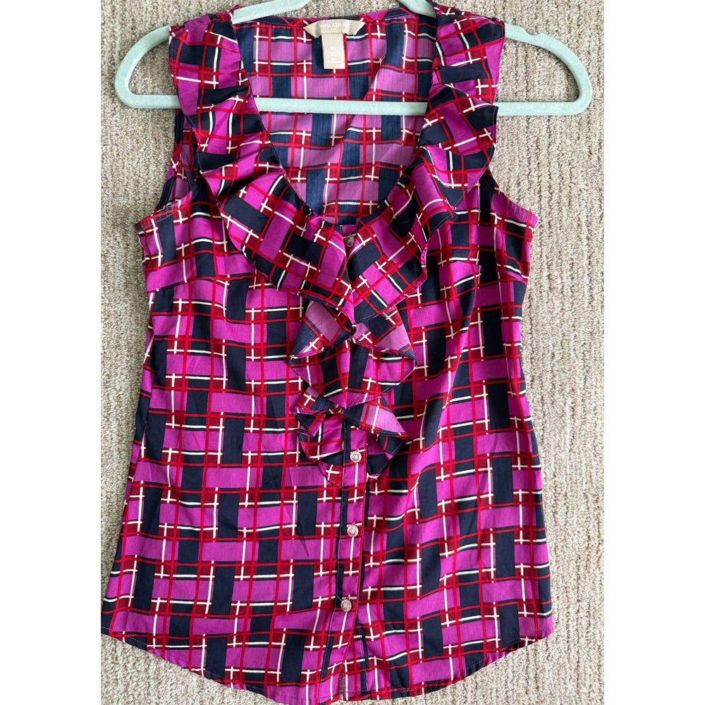 Banana Republic Womens XS Pink Navy Plaid Ruffle V-Neck Sleeveless Blouse Top